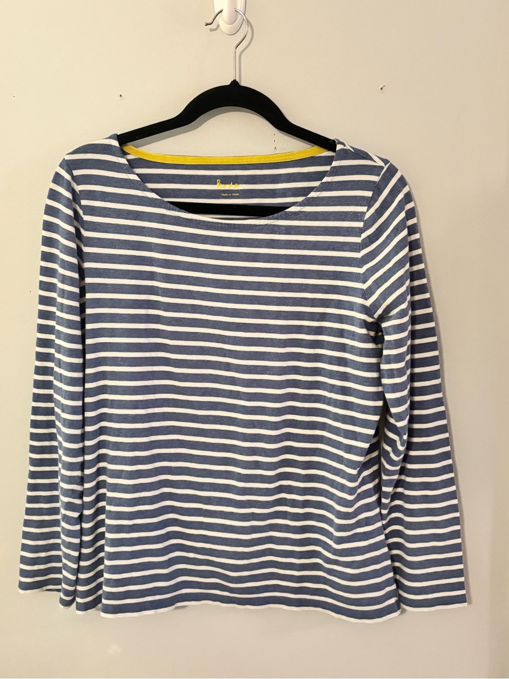 Boden Navy and White Striped Long-Sleeve Tee with Yellow Trim